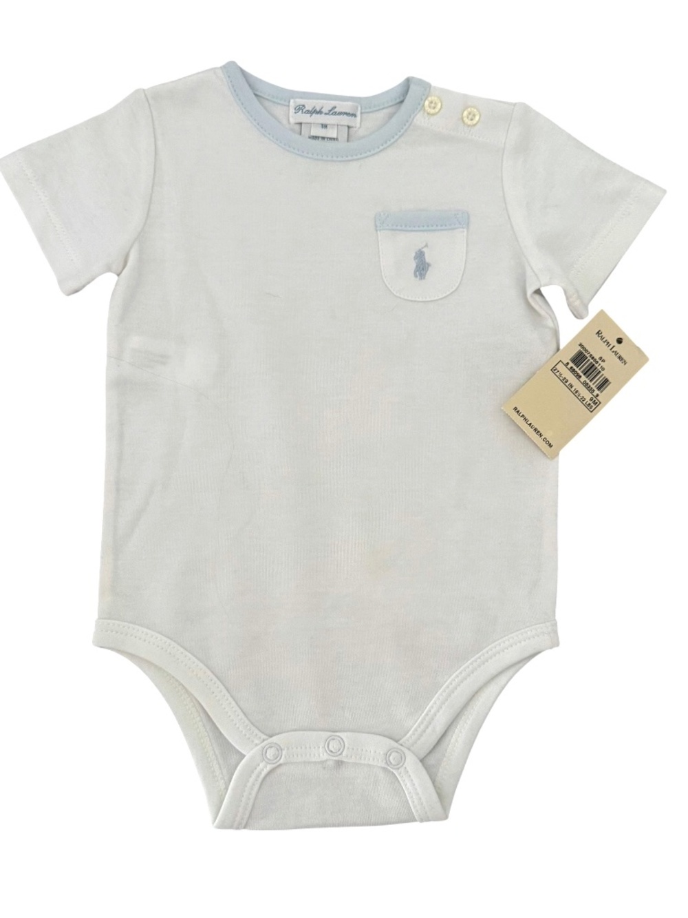 NWT Ralph Lauren Polo Short White Onesie Baby Blue Trim 9M (fit is 6M)